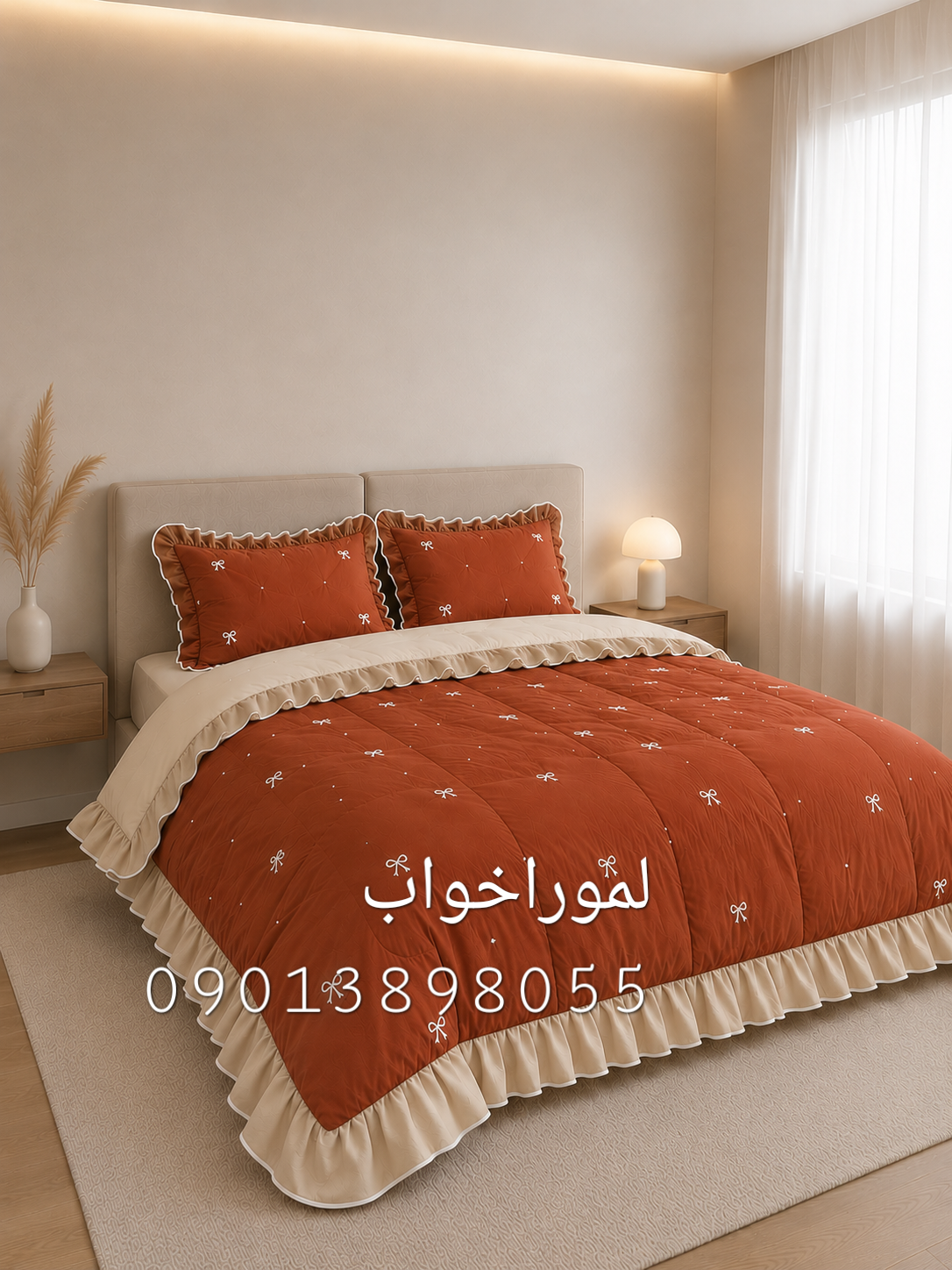 روتختی پاپیونی آجری  با زیره کرم  | ست لحاف مینیمال لوکس
